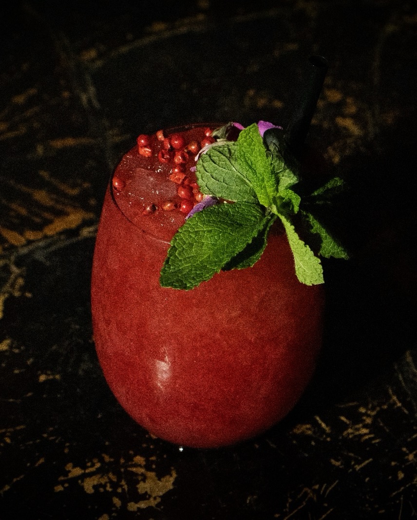 Lazy Red Cheeks in stemless glas met mint, roze peper en paarse bloem in WonderBar Genk